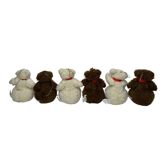 Set of 6 Plush Stuffed Teddy Bear Christmas Tree Ornaments 5" Brown Ivory - Picture 4 of 6
